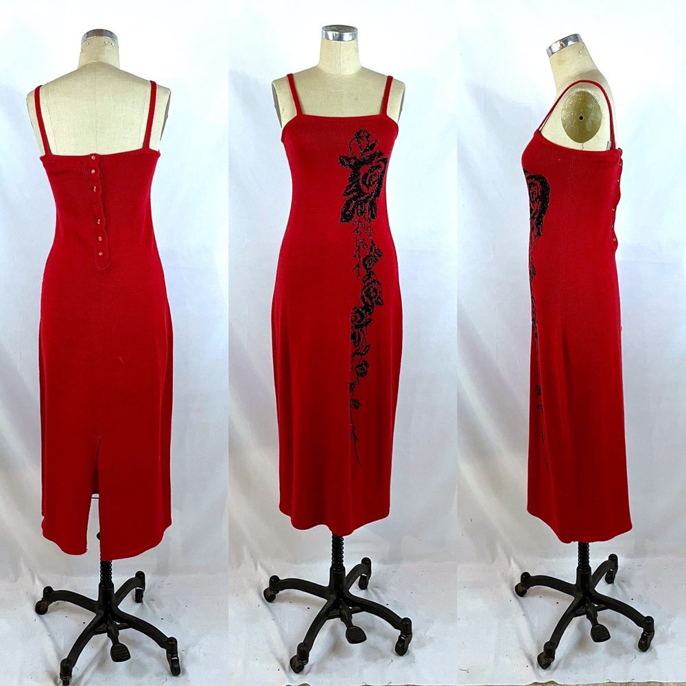 Vintage 90s Y2K Column Sweater Dress Floral Metallic Rhinestone Red & Black